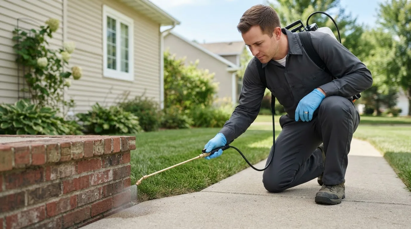 Pest control technician treating a home near Kerby, OR